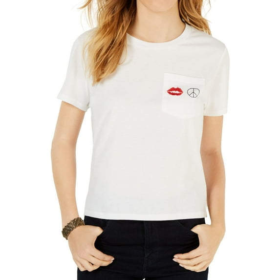 Carbon Copy Womens Embroidered Embellished T-Shirt, White, Medium