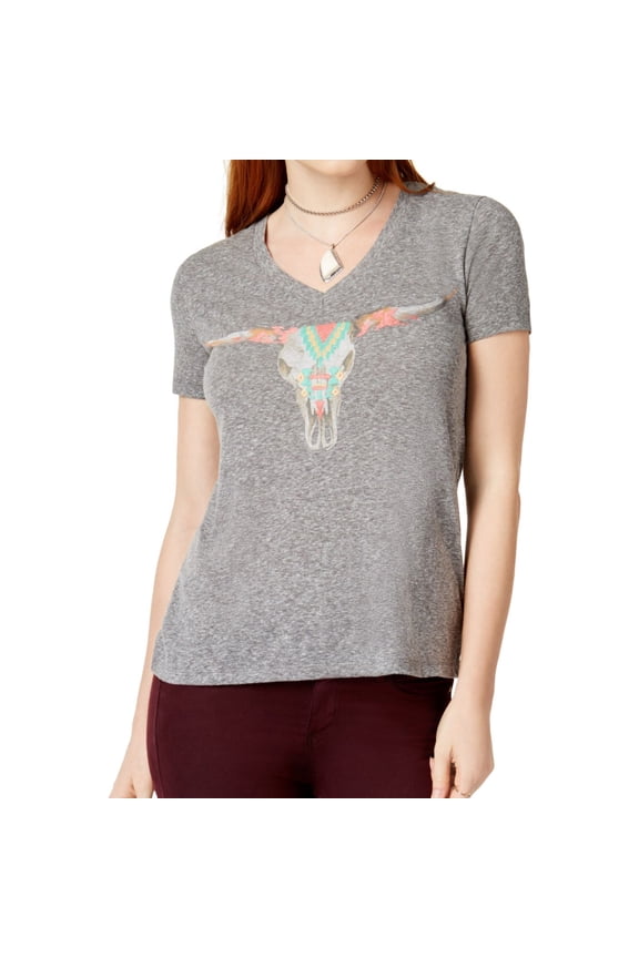 Womens Embroidered Skull Graphic T-Shirt, Grey, Medium