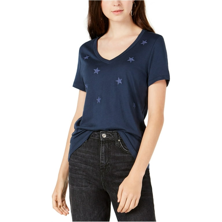 Carbon Copy Womens Embroidered Stars Embellished T-Shirt, Blue, Medium