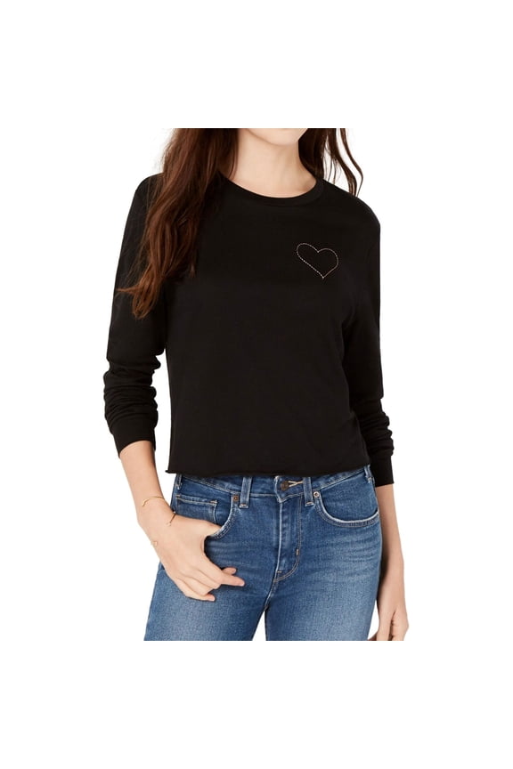 Womens Heart Embellished T-Shirt, Black, Medium