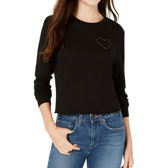 Carbon Copy Womens Heart Embellished T-Shirt, Black, X-Small