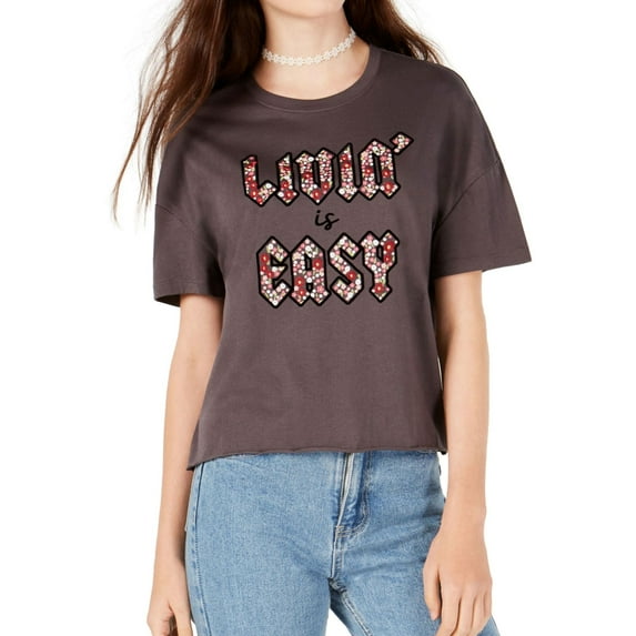 Carbon Copy Womens Livin' Is Easy Graphic T-Shirt, Grey, Juniors, Small