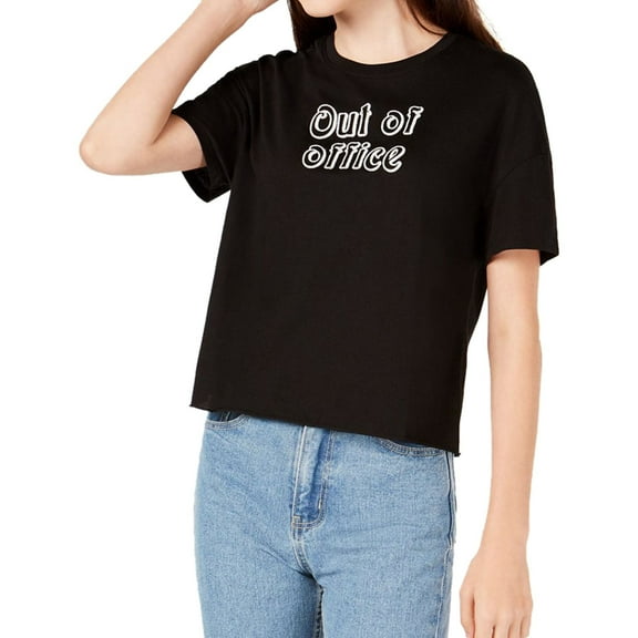 CARBON COPY Womens Black Out Of Office Printed Short Sleeve Crew Neck T-Shirt Top  Size: L