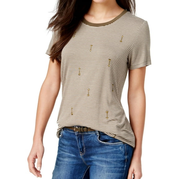 Carbon Copy Womens Striped Arrow-Embroidered Embellished T-Shirt, Green, Medium
