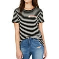 thumbnail image 1 of Carbon Copy Womens Striped Patch Embellished T-Shirt, Black, Large, 1 of 4