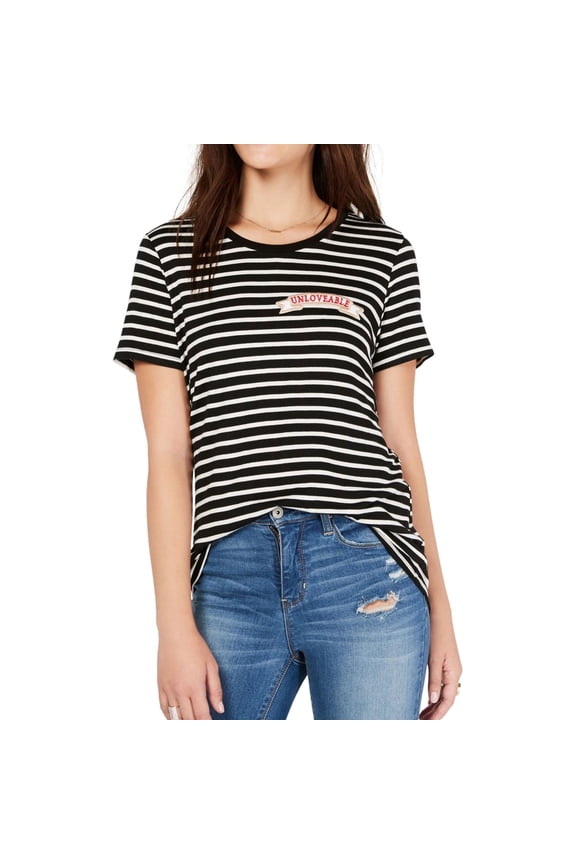 Womens Striped Patch Embellished T-Shirt, Black, Large