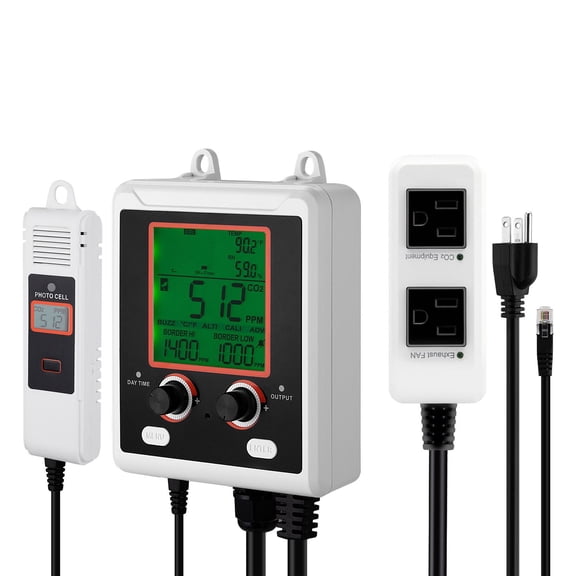 Carbon Dioxide Monitoring Controller with Dual Outlets, NDIR CO2 Meter Monitor, Day and Night Detection, Temperature and Humidity Display for Greenhouses, Laboratories, Classrooms and Home Use