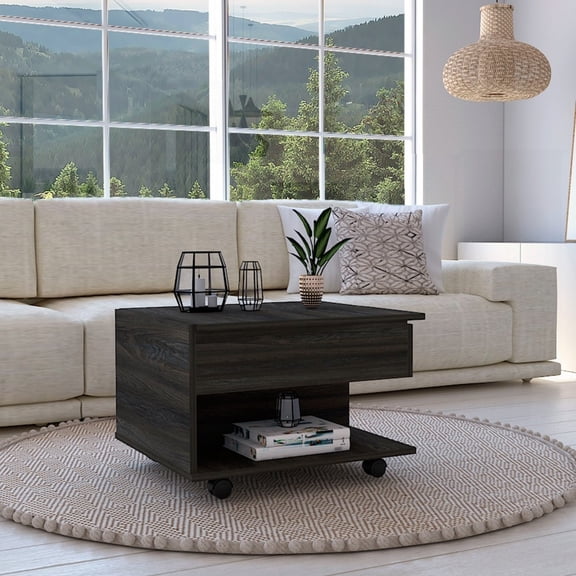 Carbon Espresso Lift Top Coffee Table - One Shelf - Casters - Concealed Storage