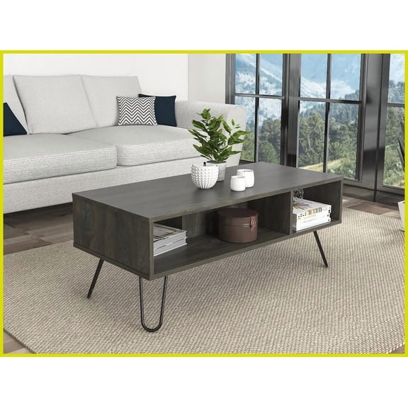 Carbon Espresso Minnesota Coffee Table with 2 Divided Shelves, Sturdy Metallic Legs, Space-Saving for Living Room