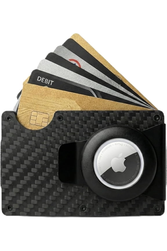 Carbon Fiber AirTag Wallet - Slim Minimalist Card Holder for Men - Lightweight Rigid Front Pocket Case Compatible with  AirTag - Black