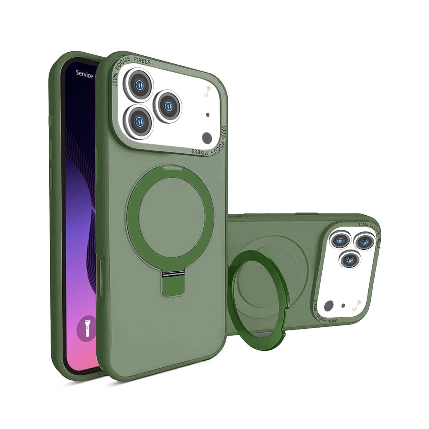Carbon Fiber Armor Case with Rotating Ring Stand for iPhone 17 Pro Max - Green