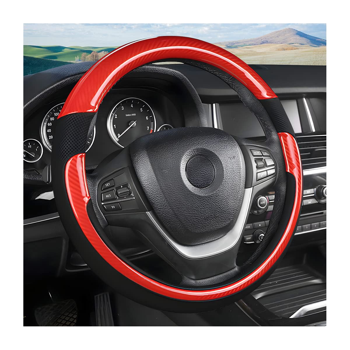 15 Inch Carbon Fiber & Leather Steering Wheel Cover - Universal Anti-Slip, Black, For SUV Sedan Truck
