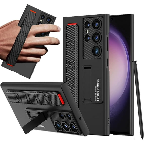 Carbon Fiber Case Compatible Samsung Galaxy S23 Phone Case with Hand Strap,360° Hard Protective Cover for Galaxy S23 Thin Case Kickstand,Heavy Duty Phone Case for Samsung Galaxy S23 Case Stand