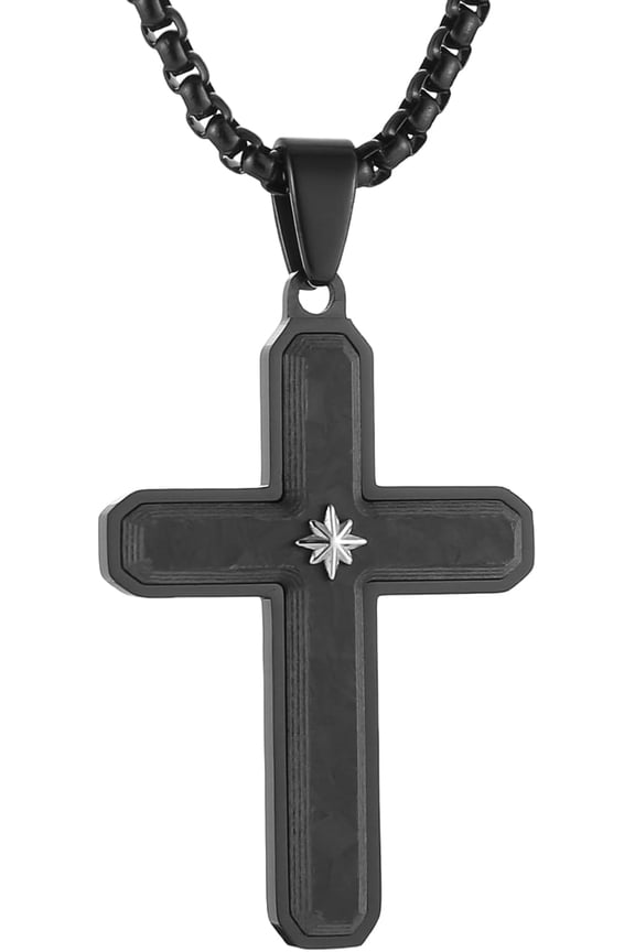 Carbon Fiber Cross Necklace for Men Stainless Steel Christian Crucifix Pendant Includes Necklace 22+2" Box Chain
