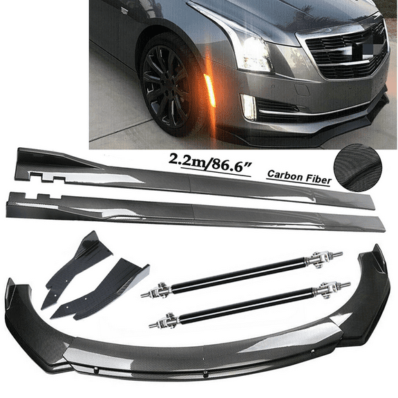 Carbon Fiber Front Bumper Lip Spoiler 86.6" Side Skirt Kit For Cadillac CTS ATS