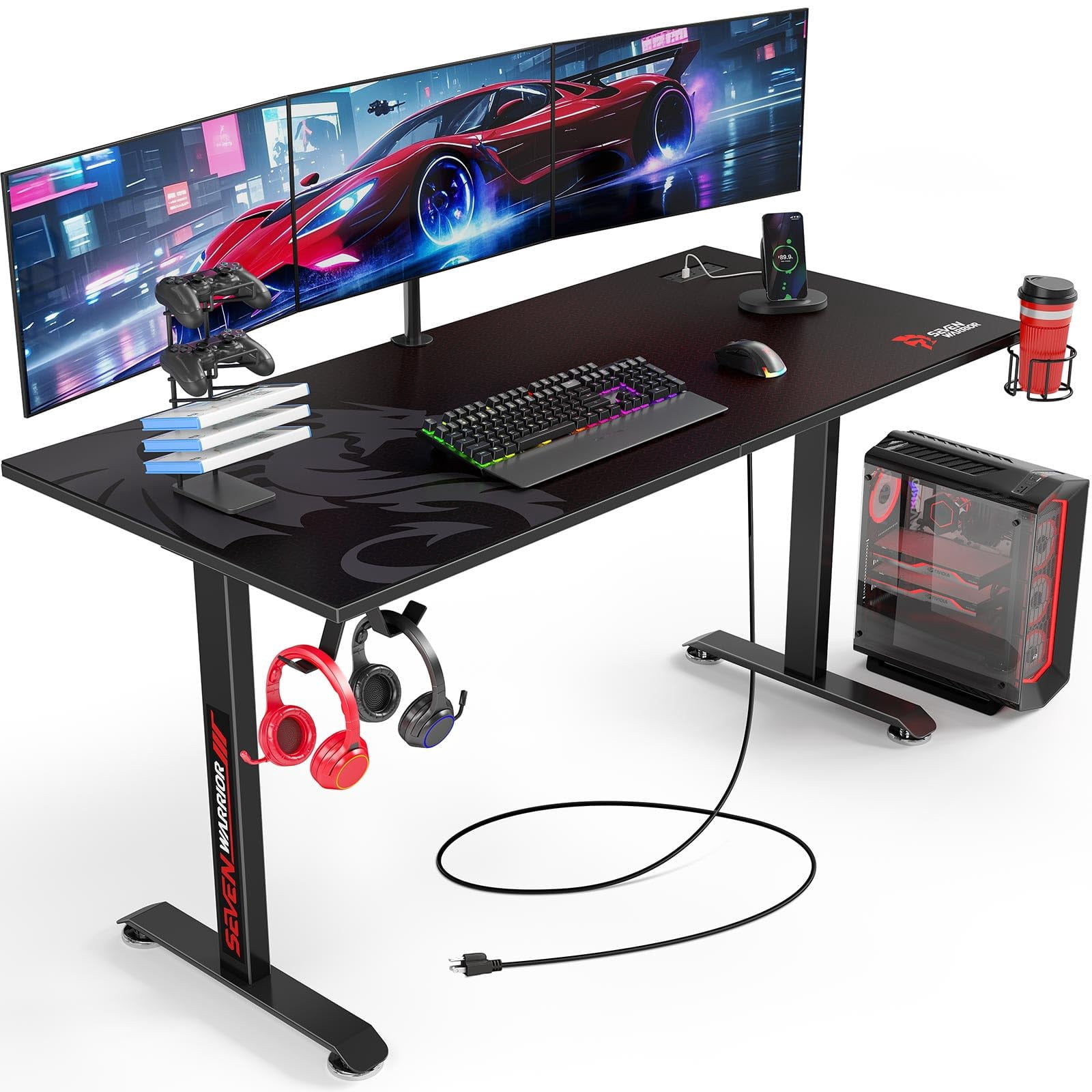 Gaming Handle Rack Carbon Fiber Gaming Desk 60 Inches Wide, FullPad Cover, Stable T-Leg ...