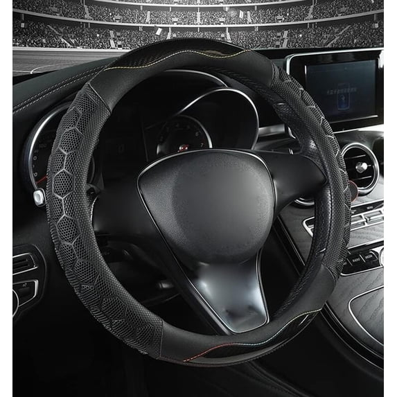Carbon Fiber Honeycomb Steering Wheel Cover 15 Inch Universal Breathable Sweat-Absorption Fashion Sport Car Steering Wheel Cover, Black