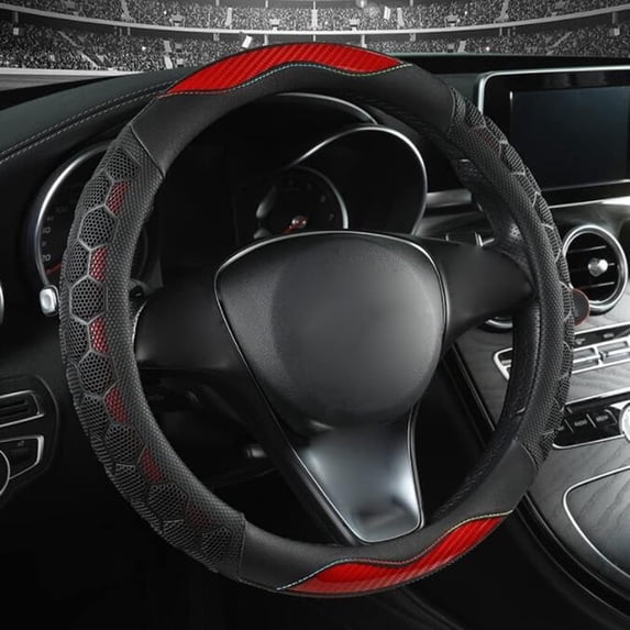 Carbon Fiber Honeycomb Steering Wheel Cover 15 Inch Universal Breathable Sweat-Absorption Fashion Sport Car Steering Wheel Cover, Red