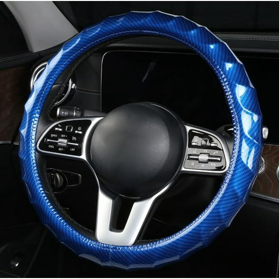 Carbon Fiber Leather Steering Wheel Cover Anti-Slip Soft Padded Auto Steering Wheel Protector 15 Inch 38 cm Universal Car Interior Accessories, Blue