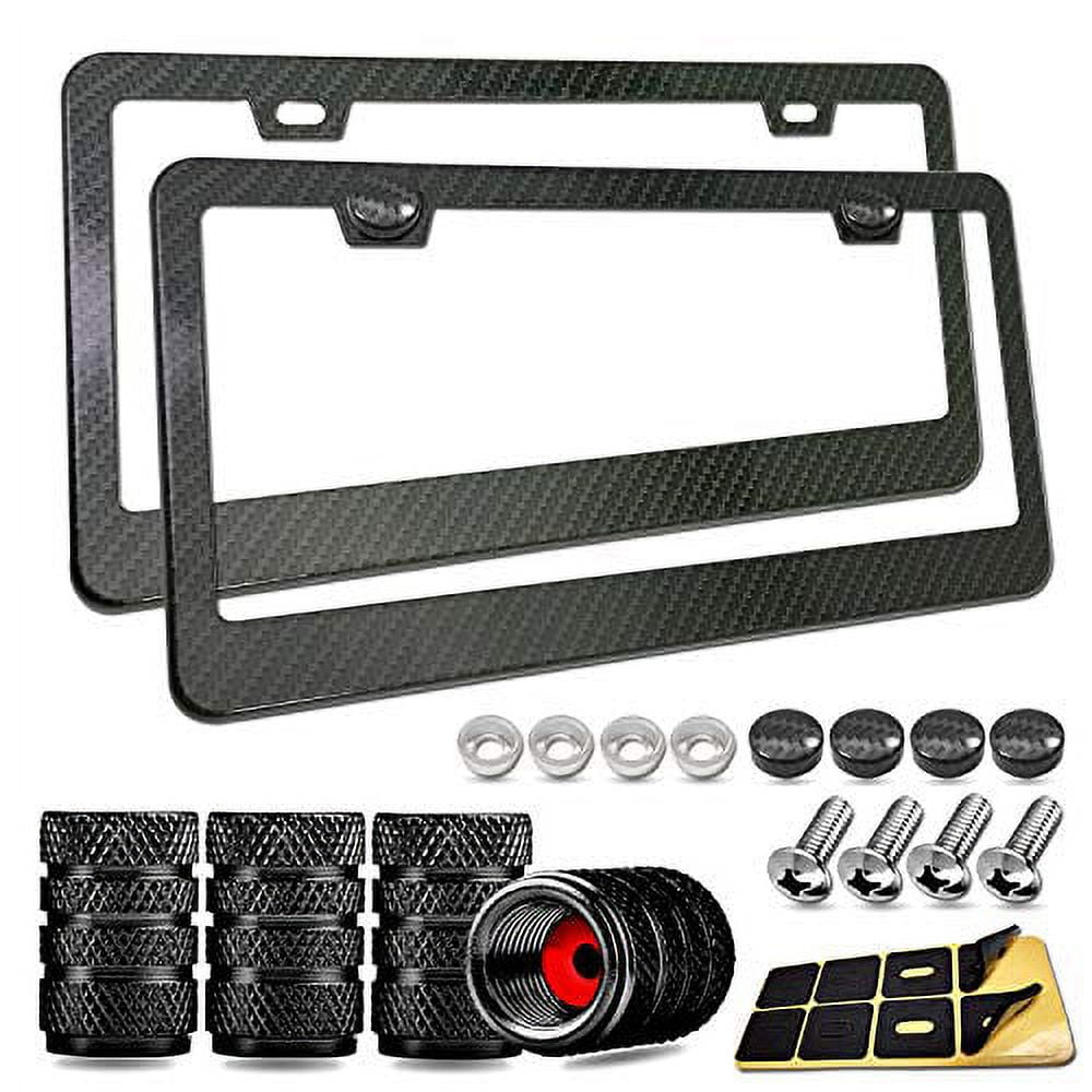 Carbon Fiber License Plate Frame- Black Aluminum Heavy Duty Car Tag Holder  Cover, Pack Rust/Rattle Proof Front  Rear Plate Mounting Kit- Stainless  Steel Screws, Caps, Tire Valve Cover,