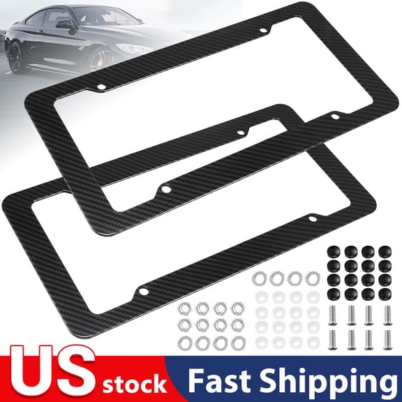2 Packs Carbon Fiber License Plate Frame, Glossy Waterproof Plastic Number Plate Frame Print Carbon Fiber Pattern for Man and Women (with Fasteners and Screws) Front & Rear Car Tag Holder Cover