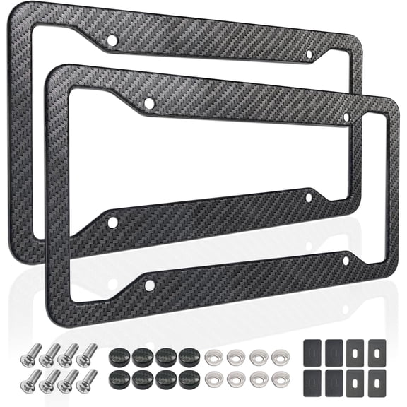 Carbon Fiber License Plate Frames- 2 Pack Black Aluminum Front & Rear Auto Car Tag Holder, Heavy Duty Bracket with Mount Hardware, Screws Caps, Rattle Proof Pads (Carbon Pattern