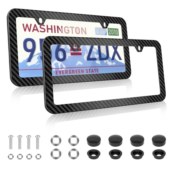 Carbon Fiber License Plate Frames, 2 Pack Black Plastic Car Plate Frame with Fasteners and Screws, Car Front and Rear License Plate Frame, Waterproof Plate Frame Print Carbon Fiber Pattern