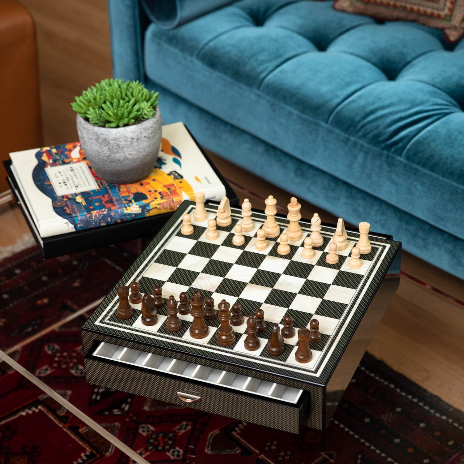 "Carbon Fiber & Mother of Pearl" Design Chess Set with Accessory Drawers and Weighed Pions.