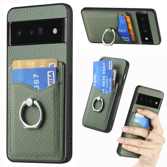 Carbon Fiber Patterned Case Compatible with Google Pixel 6 Pro, Wallet Case with Card Holder, 360°Rotation Ring Holder Stand, PU Leather Card Slots Protective Cover for Google Pixel 6 Pro, Green