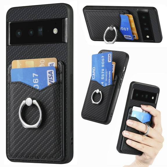 Carbon Fiber Patterned Case Compatible with Google Pixel 6 Pro, Wallet Case with Card Holder, 360°Rotation Ring Holder Stand, PU Leather Card Slots Protective Cover for Google Pixel 6 Pro, Black