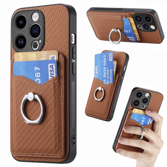 Carbon Fiber Patterned Case Compatible with iPhone 15 Pro, Wallet Case with Card Holder, 360°Rotation Ring Holder Stand, PU Leather Card Slots Protective Cover For iPhone 15 Pro, Brown