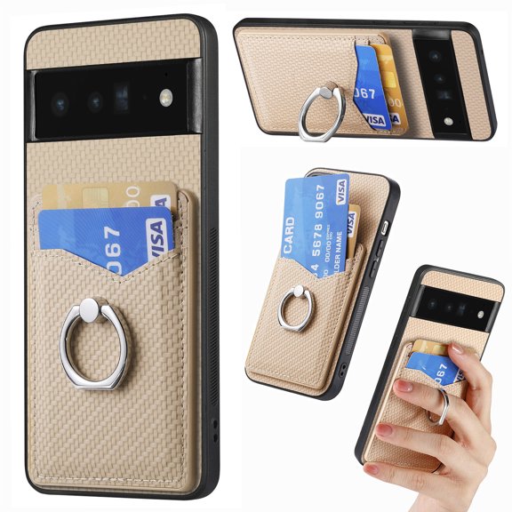 Carbon Fiber Patterned Case for Google Pixel 6 Pro, Wallet case with [360°Rotation Ring Kickstand] Credit Card Holder,PU Leather Shockproof Cover Women Men for Google Pixel 6 Pro, Khaki