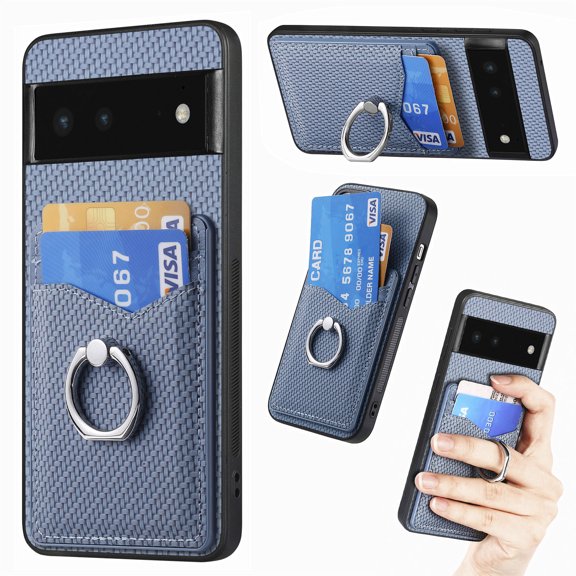 Carbon Fiber Patterned Case for Google Pixel 6, Wallet case with [360°Rotation Ring Kickstand] Credit Card Holder,PU Leather Shockproof Cover Women Men for Google Pixel 6, Blue