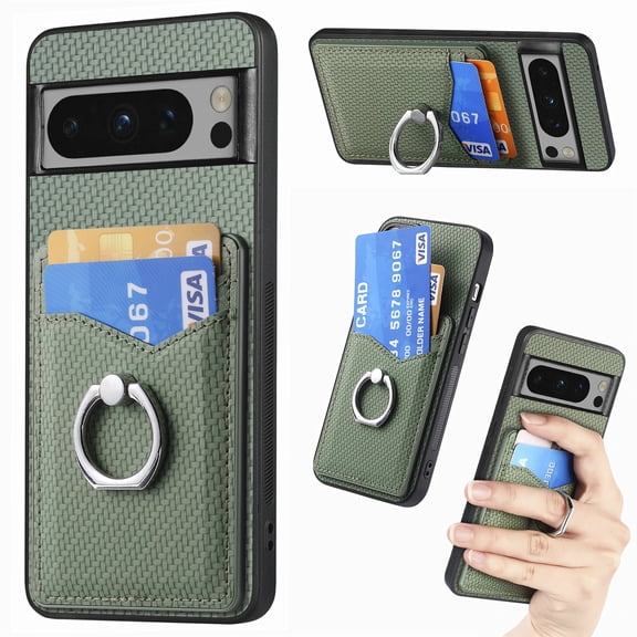 Carbon Fiber Patterned Case for Google Pixel 8 Pro, Wallet case with [360°Rotation Ring Kickstand] Credit Card Holder,PU Leather Shockproof Cover Women Men for Google Pixel 8 Pro, Green
