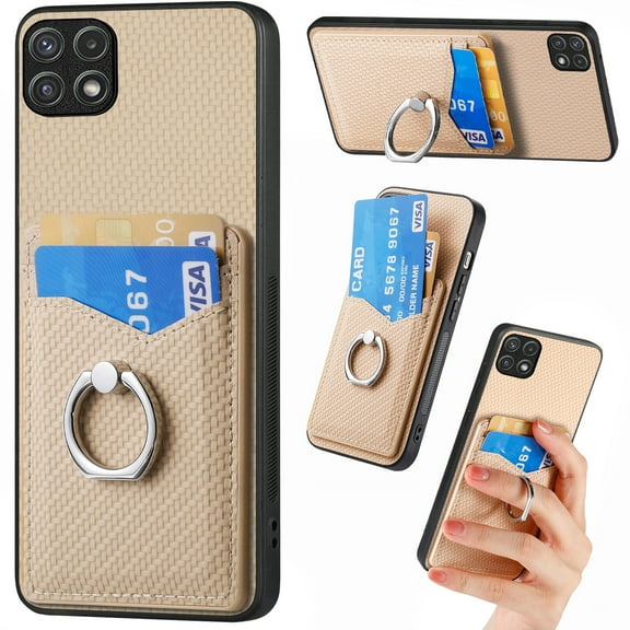 Carbon Fiber Patterned Case for Samsung A12 5G, Wallet case with [360°Rotation Ring Kickstand] Credit Card Holder,PU Leather Shockproof Cover Women Men for Samsung Galaxy A12 5G, Khaki
