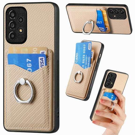 Carbon Fiber Patterned Case for Samsung A33 5G, Wallet case with [360°Rotation Ring Kickstand] Credit Card Holder,PU Leather Shockproof Cover Women Men for Samsung Galaxy A33 5G, Khaki