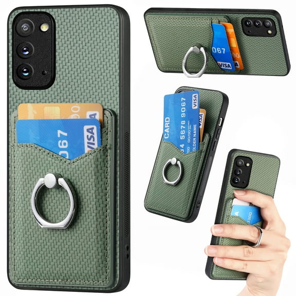 Carbon Fiber Patterned Case for Samsung Note 20, Wallet case with [360°Rotation Ring Kickstand] Credit Card Holder,PU Leather Shockproof Cover Women Men for Samsung Galaxy Note 20, Green