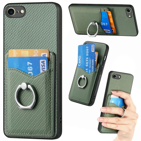 Carbon Fiber Patterned Case for iPhone 7 / 8 / SE 2020 / SE 2022, Wallet case with [360°Rotation Ring Kickstand] Credit Card Holder,PU Leather Shockproof Cover Women Men, Green