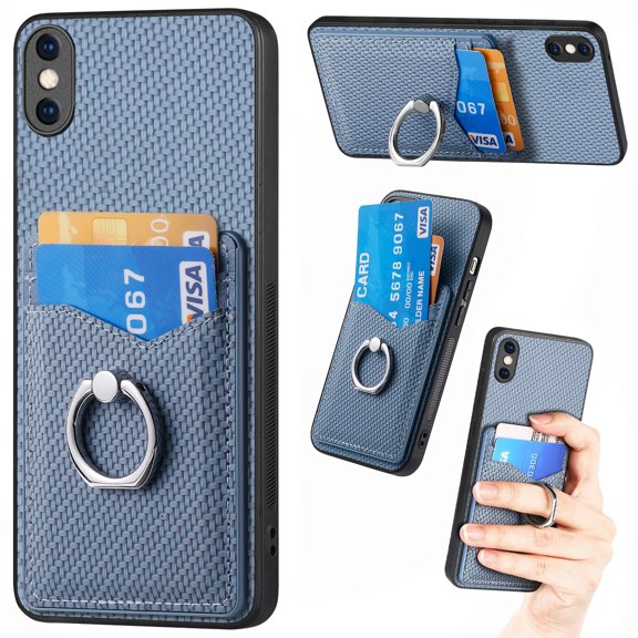 Carbon Fiber Patterned Case for iPhone XS Max, Wallet case with [360°Rotation Ring Kickstand] Credit Card Holder,PU Leather Shockproof Cover Women Men for iPhone XS Max, Blue