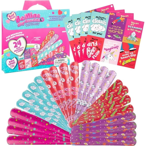 Kids Slap Bracelet Valentine's Day Cards - Best Pals (24ct) - Each Valentine has a Card & Matching Friendship Bracelet - Cards for Kids School - Enough for Whole Classroom Boys & Girls