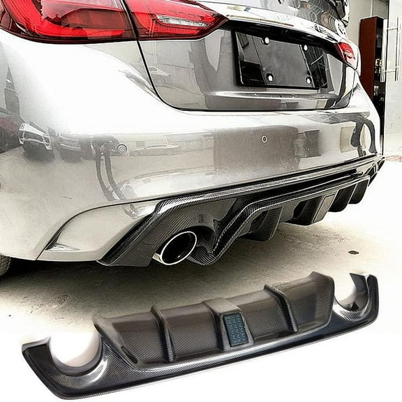 Carbon Fiber Rear Diffuser Fits for Infiniti Q50 Base & Sport Sedan 2018-2021 Lower Bumper Lip Spoiler Body Kit with Black Brake Lamp Customized with Black Light