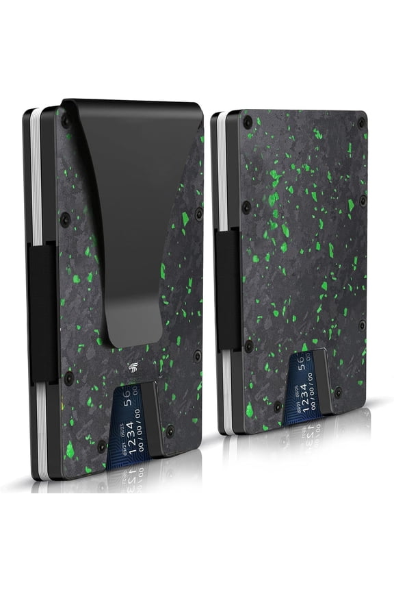 Carbon Fiber Slim Wallet with Clip Airtag, RFID Blocking, AirTag Compatible, Metal, Magsafe compatible for iPhones 12-16 (Regular Clip, Green)