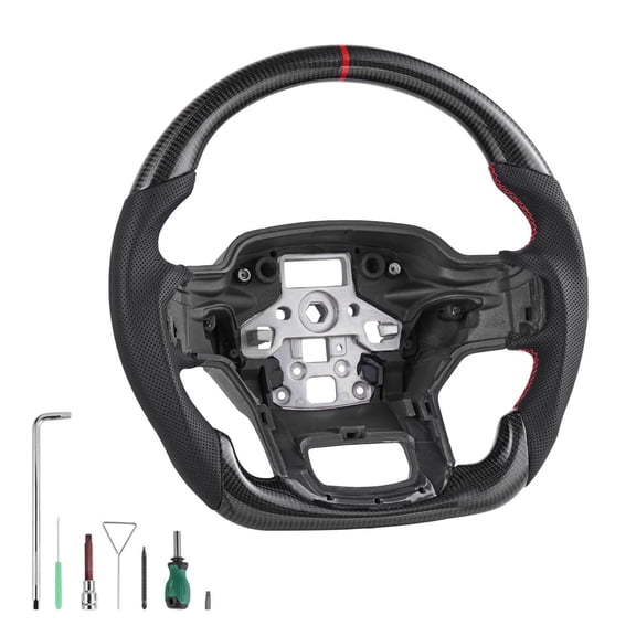 Carbon Fiber Steering Wheel for 2021-2024 F150, D-Shaped Flat Bottom Leather Grip, Black Non-Slip Steering Wheel Replacement, Aluminum Alloy Base for Enhanced Handling and Style