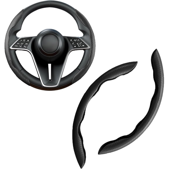 Carbon Fiber Steering Wheel Cover, 2- Set Anti-Skid Comfortable Grip Segmented Butterfly Design, Easy Snap- Installation Universal Fit 99% , Black