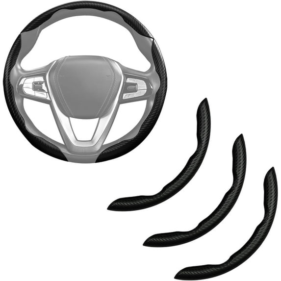 Carbon Fiber Steering Wheel Cover, 3 Pieces Non-Slip Car Steering Wheel Accessories, Snap-On Grip, 15 Inch Universal, Matte Black