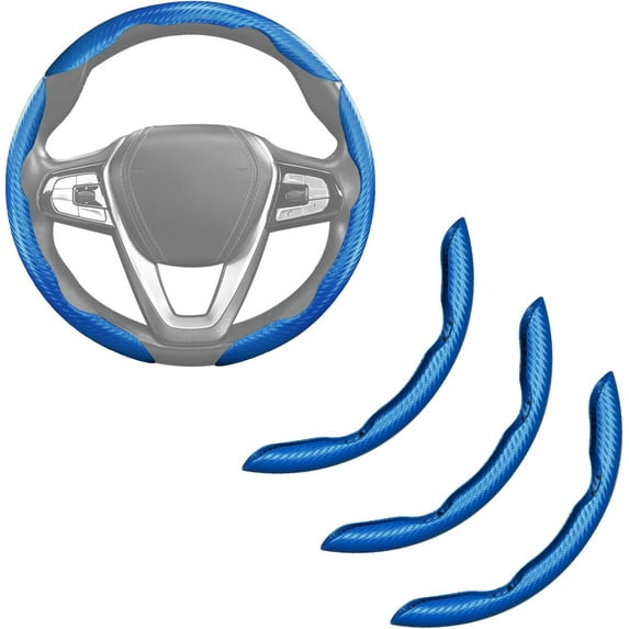 Carbon Fiber Steering Wheel Cover, 3 Pieces Non-Slip Car Steering Wheel Accessories, Snap-On Grip, 15 Inch Universal, Matte Blue
