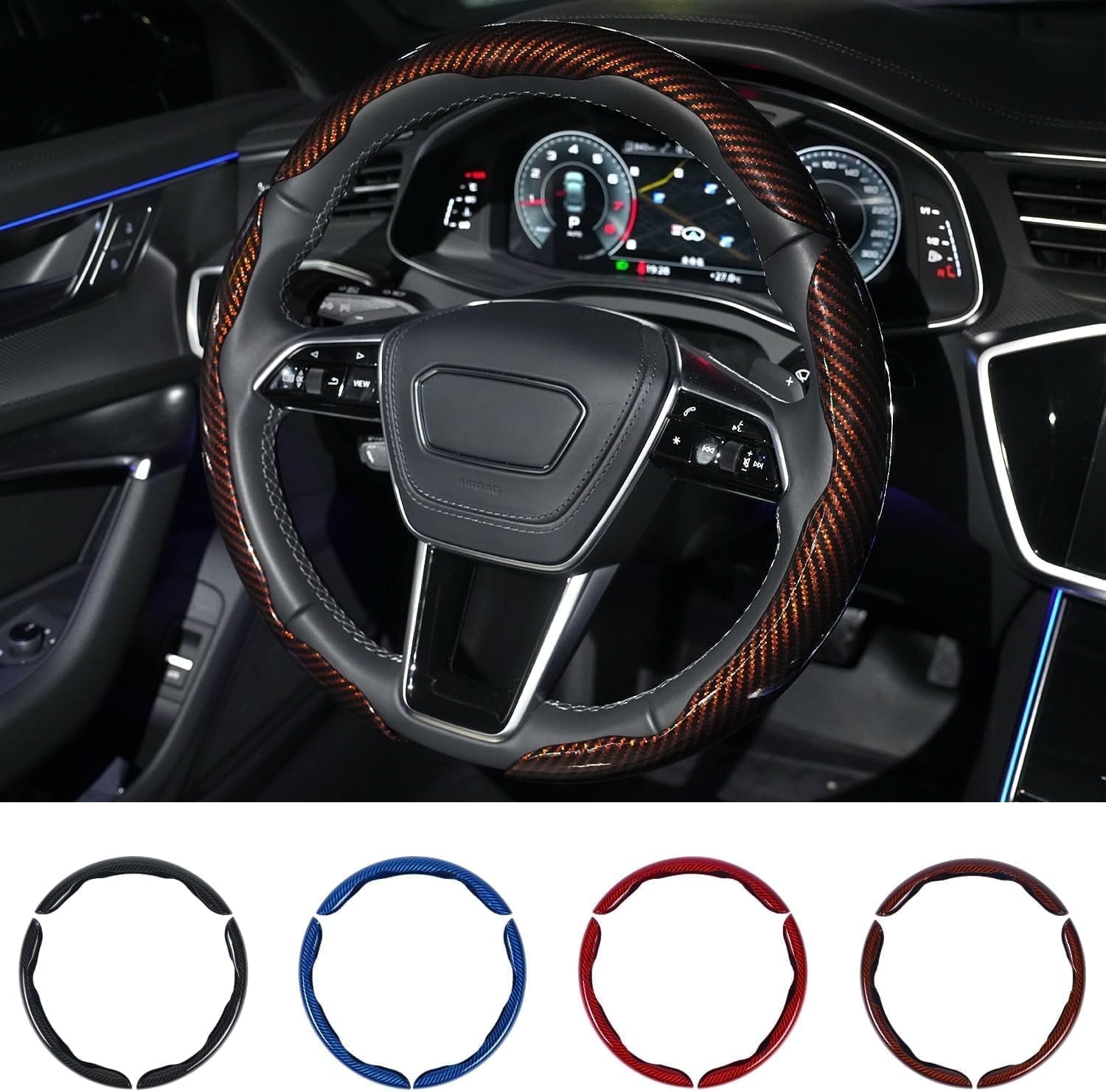 Carbon Fiber Steering Wheel Cover 3PCS Set – Anti-Slip, Scratch-Resistant, Universal Fit for 14–16 Inch Wheels – Interior Car Accessories for Cars, SUVs, Trucks (Blue)