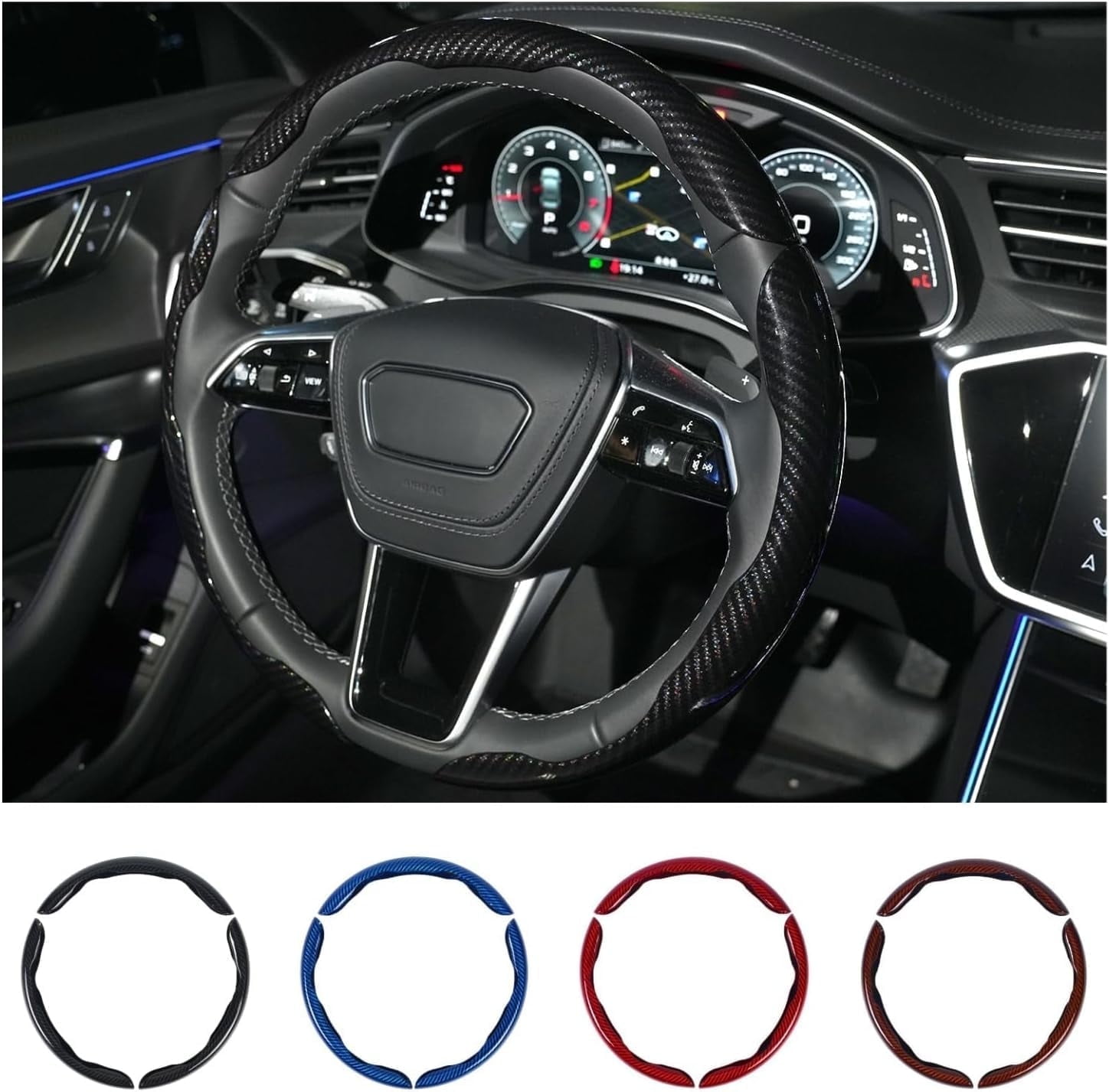 Carbon Fiber Steering Wheel Cover 3PCS Set – Anti-Slip, Scratch-Resistant, Universal Fit for 14–16 Inch Wheels – Interior Car Accessories for Cars, SUVs, Trucks (Blue)