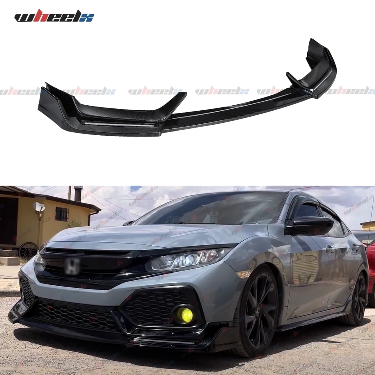 Carbon Fiber Style Front Bumper Lip W/Light Compatible with 2016-2021 Honda Civic Hatchback & Si, Air Dam Spoiler Splitter with LED Daytime Running Lights Fit for 2016 2017 2018 2019 2020 2021