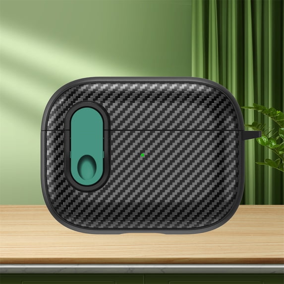 Carbon Fiber Texture Case for Airpods Pro 2 Anti-Drop Protective Cover for Airpods 3 2 1 Hard Shell with Keychain (Black Green,for AirPods 1 2)